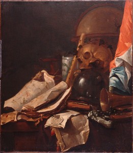 Vanitas met schedel glazen bol en banier